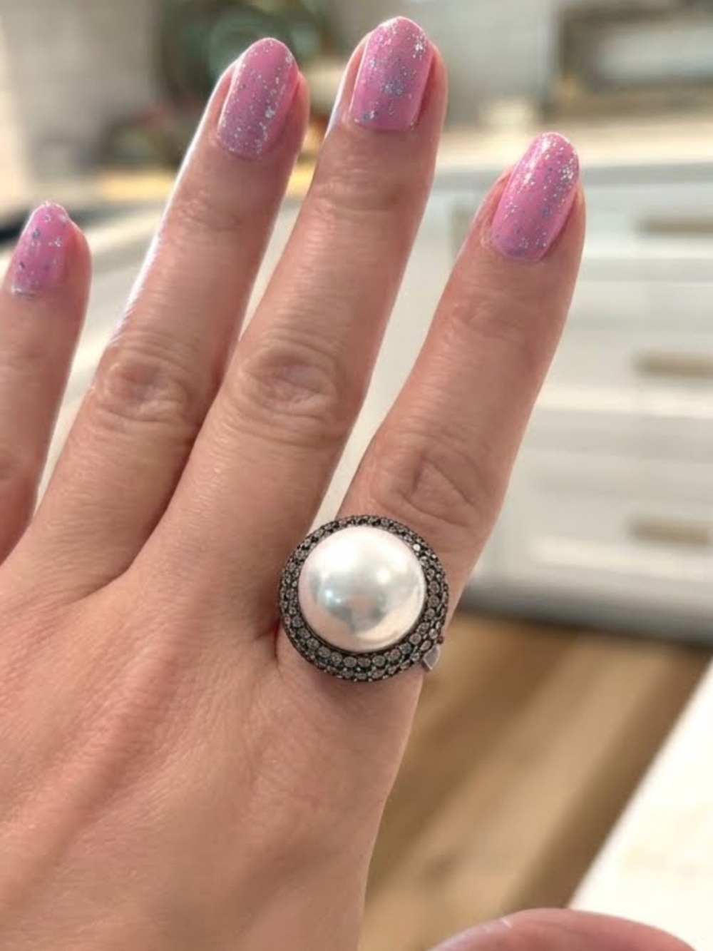 Vintage Sterling Silver 925 Pearl & CZ Accent Statement Cocktail Ring – Size 7.5